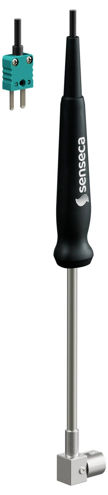 Sonda temperatury z czarną rączką i metalowym prętem, oznaczona napisem 'Senseca'. W pobliżu widoczny jest zielony złącznik z dwoma stykami.