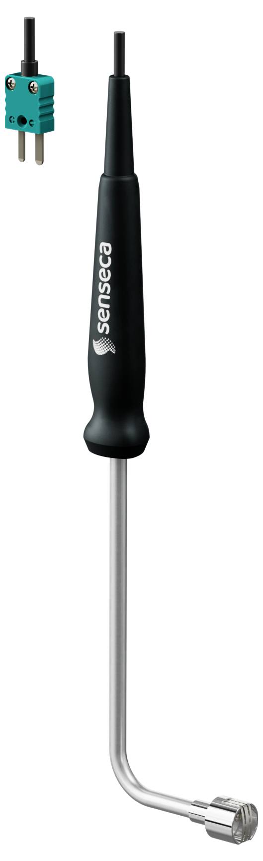 Czarnoręczny czujnik temperatury ze stalową nierdzewną giętą końcówką i złączem, oznaczony etykietą 'Sensea', przedstawiony z małą zieloną wtyczką termopary.