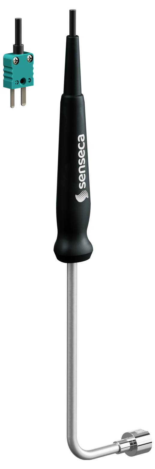 Sonda temperatury z zielonym złączem i metalowym czujnikiem w kształcie litery L, oznaczona marką 'senseca'.