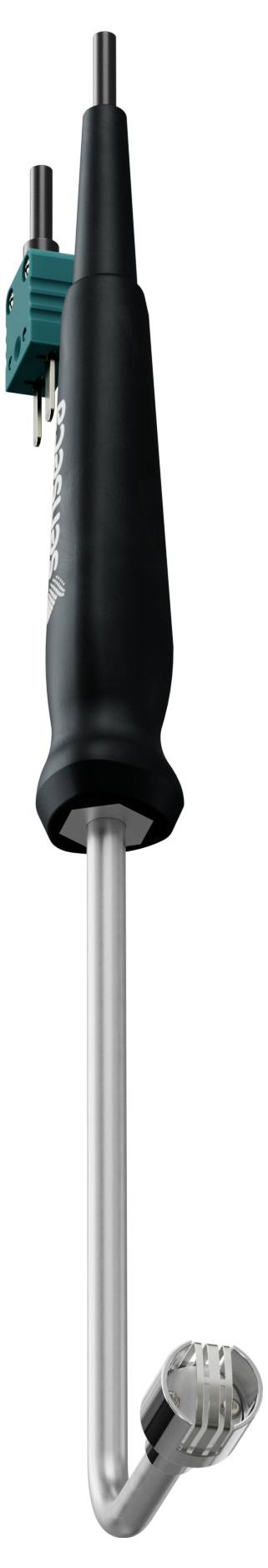 Przemysłowy termometr z czarną rękojeścią, metalową sondą i zielonym złączem do pomiaru temperatury.