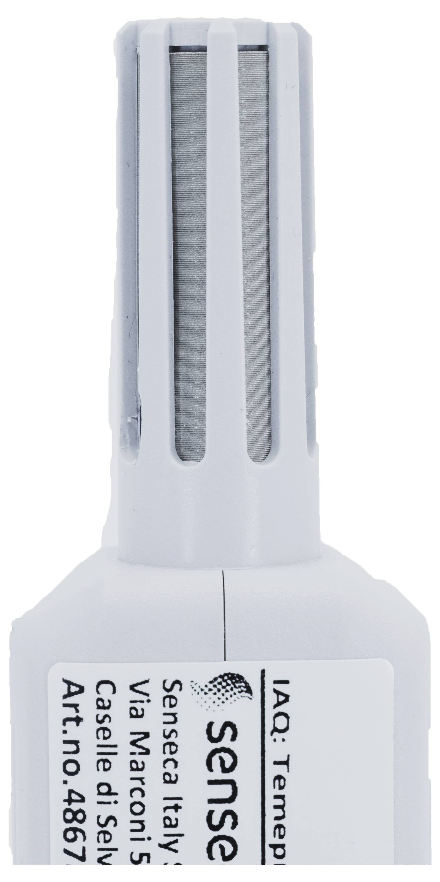 Biały czujnik z wieloma pionowymi szczelinami na wierzchu do przepływu powietrza, oznaczony z przodu napisem "IAQ: Czujnik temperatury i wilgotności".