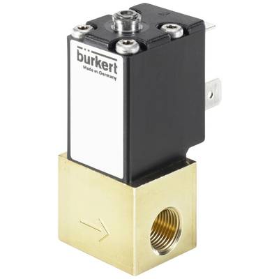 Elektromagnetyczny zawór Bürkert, wyprodukowany w Niemczech, z prostokątną czarną obudową i mosiężnym przyłączem.