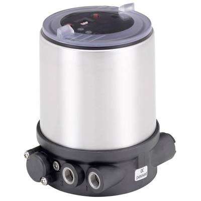 Cylindryczny, srebrny korpus z czarnymi złączami u dołu. Na górze przezroczysty element zamykający. Podzespół elektroniczny.