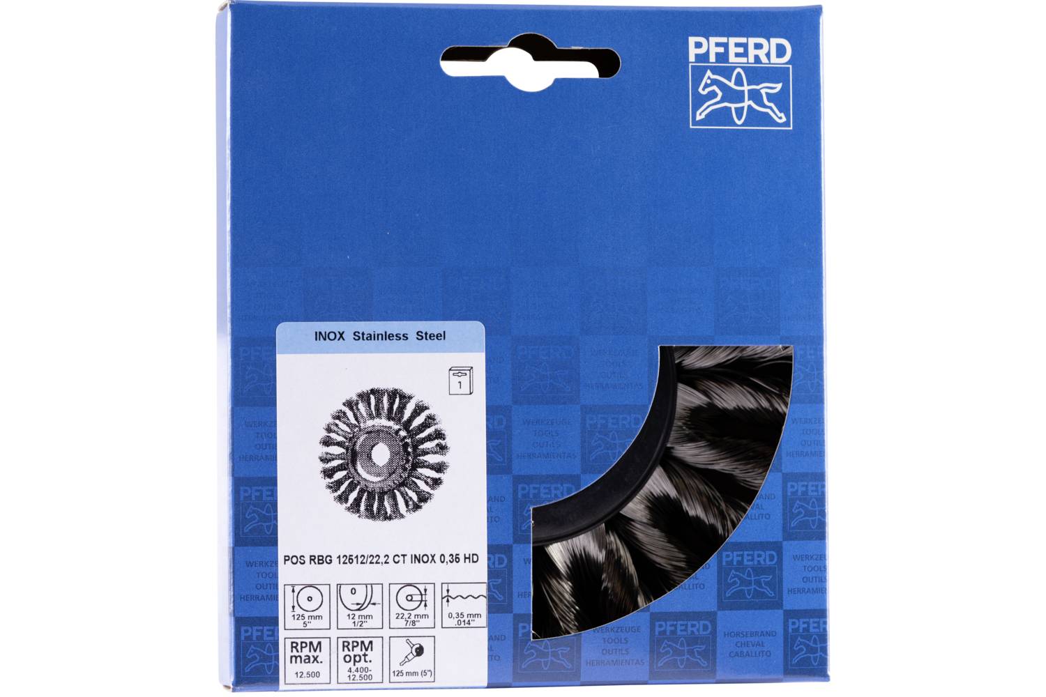 Opakowanie 'PFERD' prezentuje szczotką ze stali nierdzewnej INOX wraz ze szczegółami technicznymi dotyczącymi prędkości obrotowej i możliwości zastosowania.