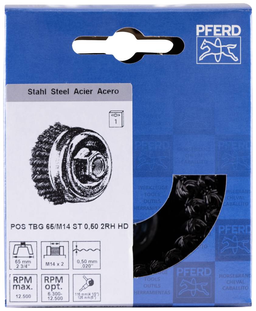 Чашкова щітка PFERD TOOLS POS 2-рядна вузлована TBG HD Ø 65 мм Сталевий дріт M14 Ø 0,50 мм Кутова шліфувальна машина POS TBG 65/M1