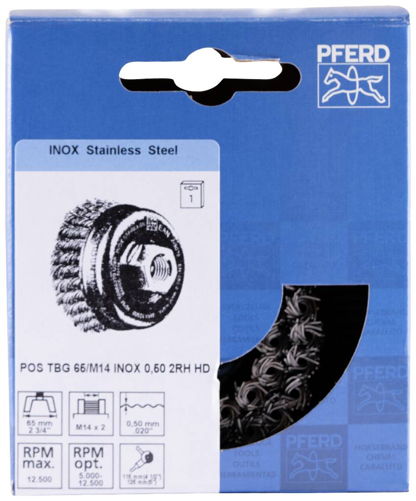 Opakowanie tarczy szczotkowej ze stali nierdzewnej firmy PFERD. Zawiera zdjęcie produktu, numer modelu oraz specyfikacje zastosowania.