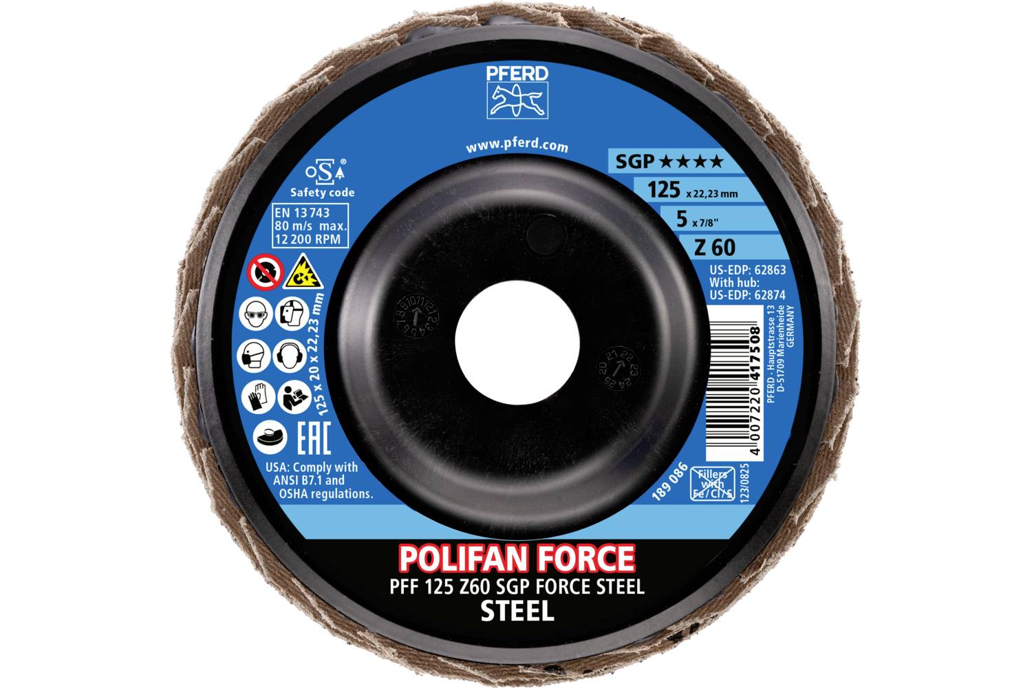Tarcza szlifierska z napisem 'POLIFAN FORCE PFF 125 Z60 SGP FORCE STEEL'. Odpowiednia do stali, średnica 125 mm, maksymalnie 12.200 obr./min.