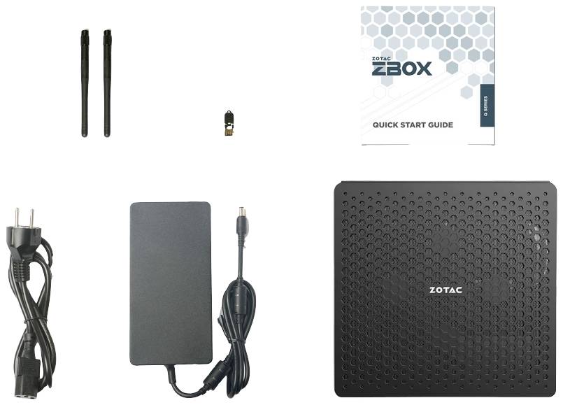 Zestaw mini-komputera ZOTAC ZBOX ze zasilaczem sieciowym, dwiema antenami, odbiornikiem USB oraz skróconą instrukcją obsługi.