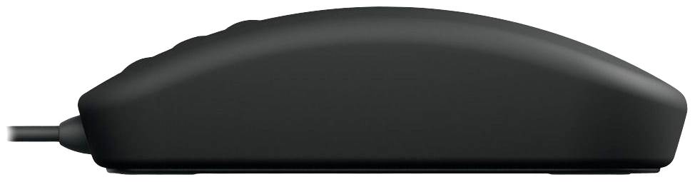 Czarna mysz komputerowa o gładkim, ergonomicznym designie, widok z boku z widocznym przewodem podłączeniowym po lewej stronie.