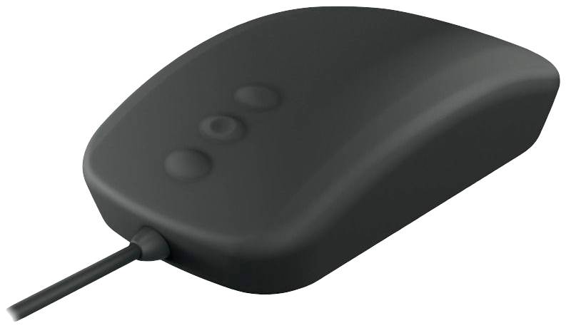 Czarna, przewodowa mysz komputerowa z trzema przyciskami, widok z lewej strony z tyłu.