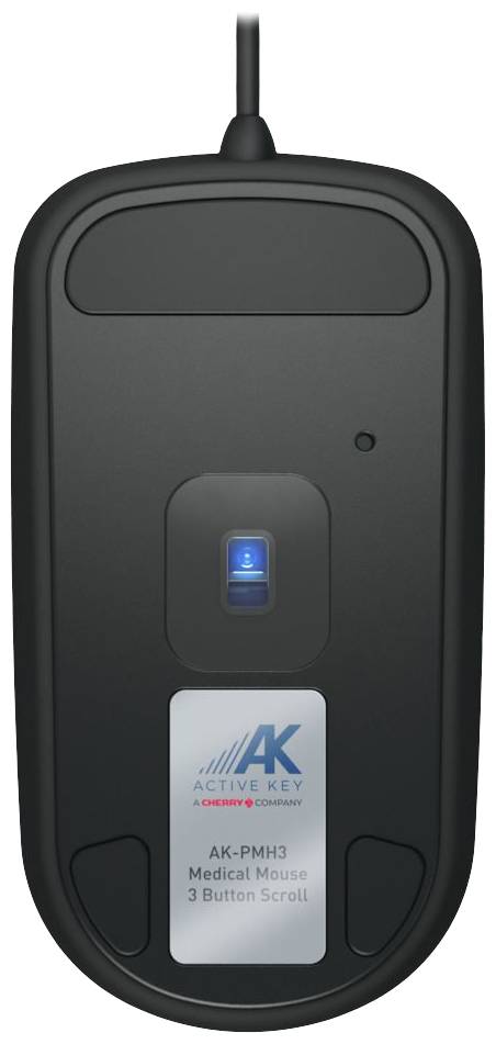 Przewodowa mysz komputerowa z trzema przyciskami i rolką przewijania. Oznaczona jako 'AK-PMH3 Medical Mouse'. Czarna powierzchnia, aktywne niebieskie podświetlenie.