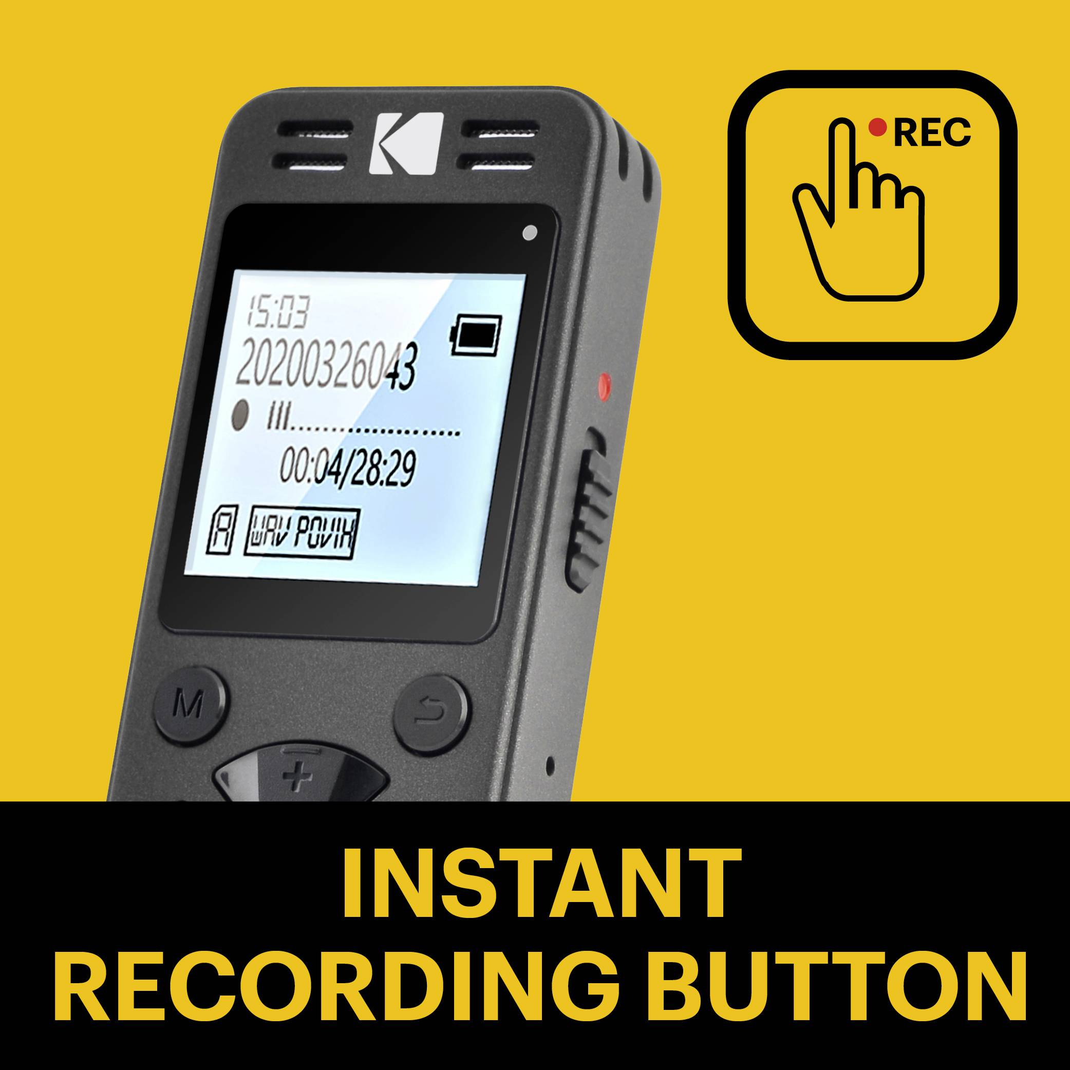 Urządzenie do nagrywania dźwięku z wyświetlaczem, który pokazuje czas nagrania i datę. Po prawej stronie symbol funkcji natychmiastowego nagrywania.