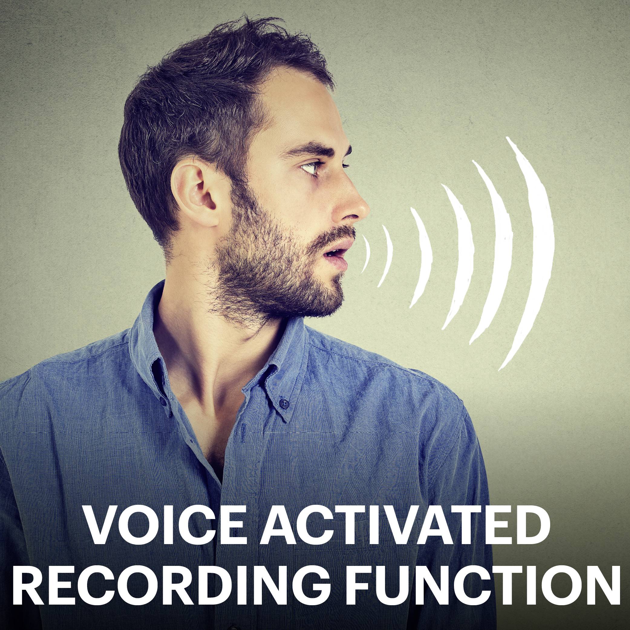 Osoba patrzy w bok, podczas gdy białe fale dźwiękowe rozchodzą się od jej twarzy. Tekst poniżej: 'Funkcja nagrywania głosowego'.