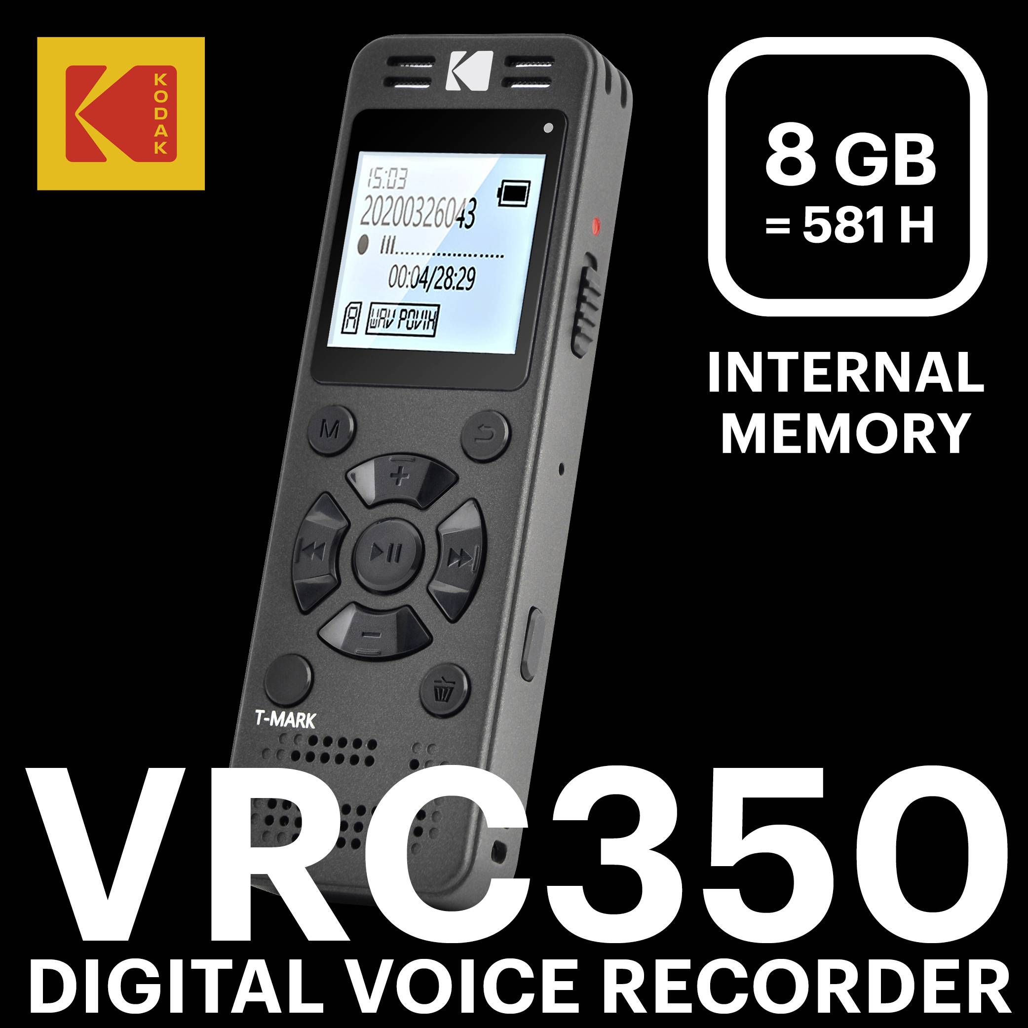 Czarna cyfrowa jednostka nagrywająca dźwięk firmy Kodak z 8 GB pamięci wewnętrznej oraz wyświetlaczem pokazującym datę i godzinę.