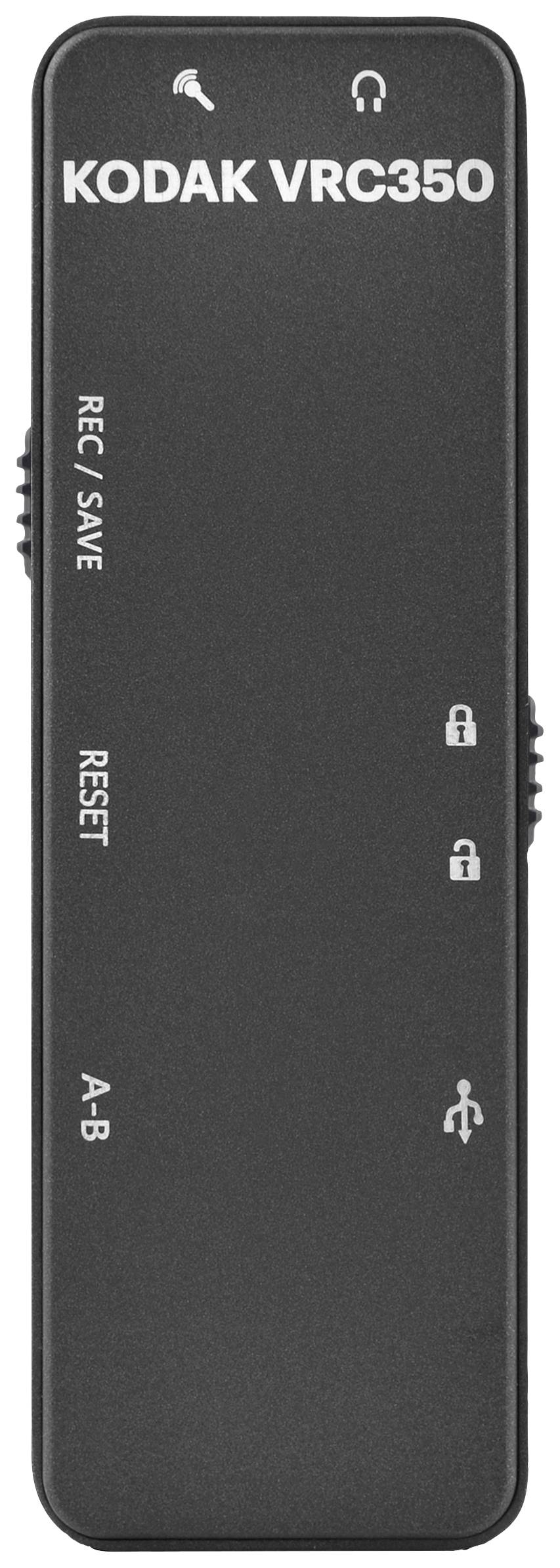 Czarny przenośny rejestrator 'Kodak VRC 350' z przyciskami 'REC/SAVE', 'RESET' oraz 'Powtarzanie A-B', wyposażony w złącze USB.