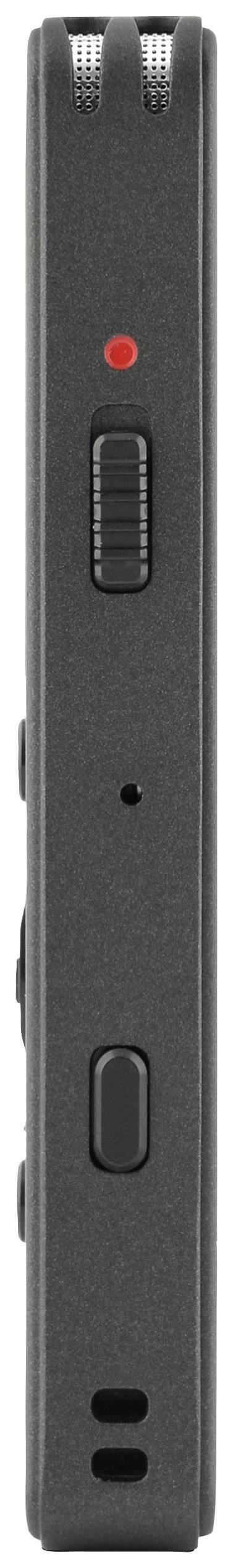 Cyfrowe urządzenie audio z przyciskiem nagrywania, suwakiem i mikrofonem na górnej powierzchni; widok z boku.