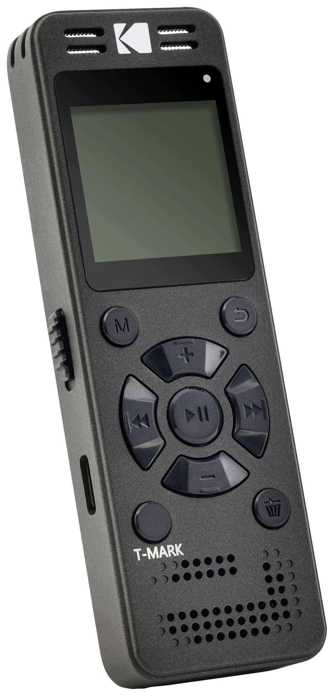 Przenośne cyfrowe urządzenie nagrywające z ekranem, wbudowanym głośnikiem, mikrofonem i przyciskami do sterowania nagrywaniem i odtwarzaniem.