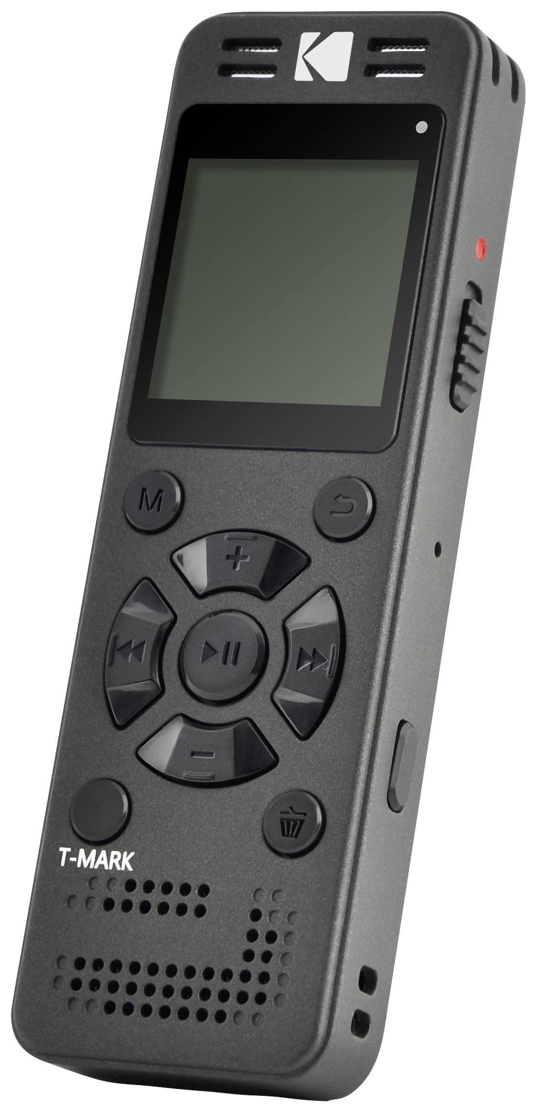 Przenośny cyfrowy rejestrator dźwięku z wieloma przyciskami sterującymi, wyświetlaczem i mikrofonem. Odpowiedni do nagrywania głosu.
