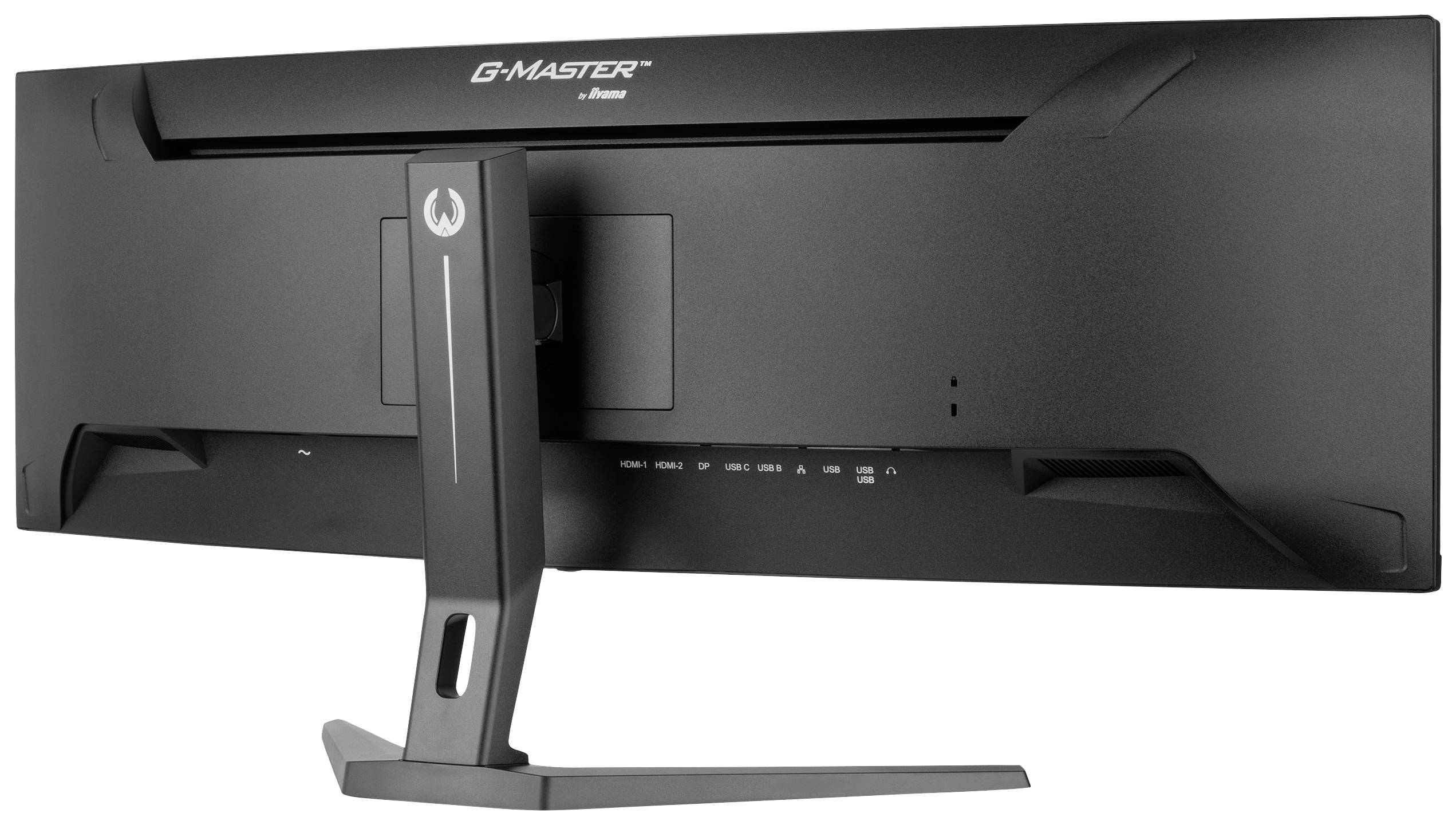 Widok z tyłu ultraszerokiego monitora komputerowego z wąską podstawą, oznaczony napisem 'G-Master' u góry.