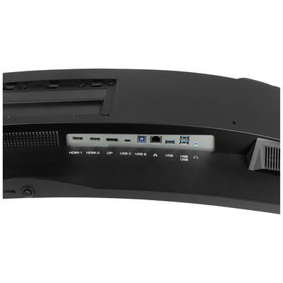 Tylna strona monitora z wieloma złączami, w tym HDMI, DisplayPort, USB-C, USB-B, Ethernet i USB 3.0.