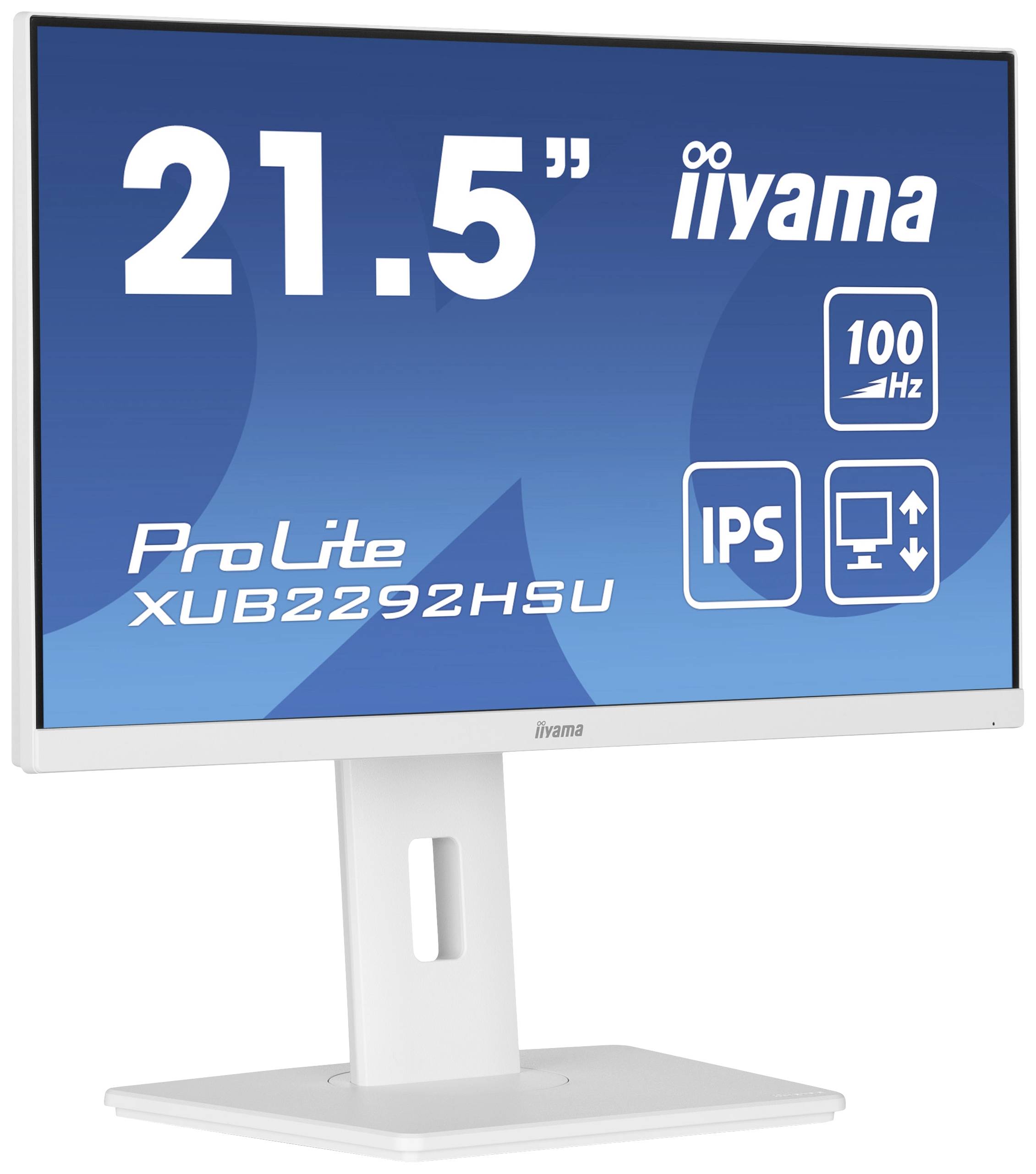 Monitor iiyama o przekątnej 21,5 cala, model 'ProLite XUB2292HSU', z częstotliwością odświeżania 100 Hz i symbolem IPS, umieszczony na białej podstawie.
