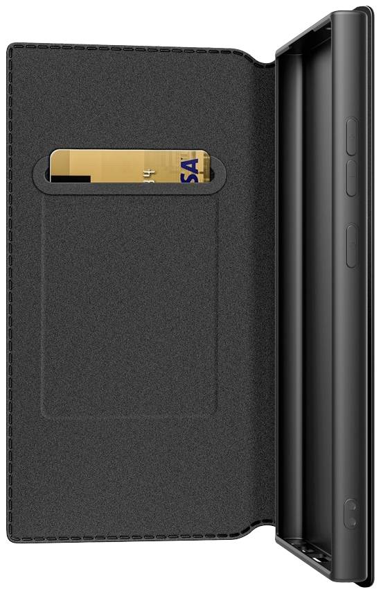 Czarna skórzana obudowa na telefon z kieszenią na karty wewnątrz. Karta kredytowa jest widoczna w kieszeni.