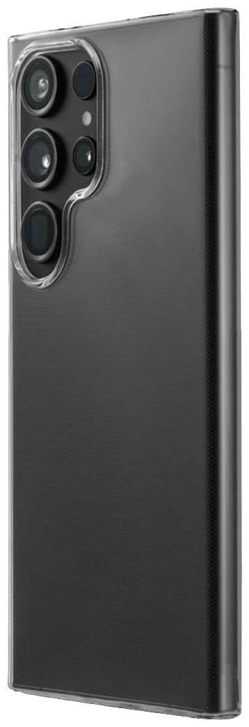 Czarny smartfon z wieloma obiektywami z tyłu, ochronne etui z przezroczystego materiału, ustawienie w pionie.