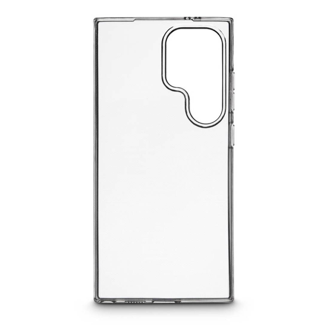 Przezroczyste etui na smartfona w kształcie prostokąta z wycięciem na aparat, elastyczne i o minimalistycznym designie.
