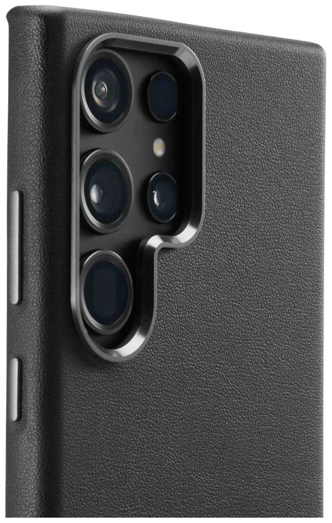 Czarny smartfon z wieloma obiektywami aparatu z tyłu, srebrny przycisk z boku, nowoczesny styl techniczny.