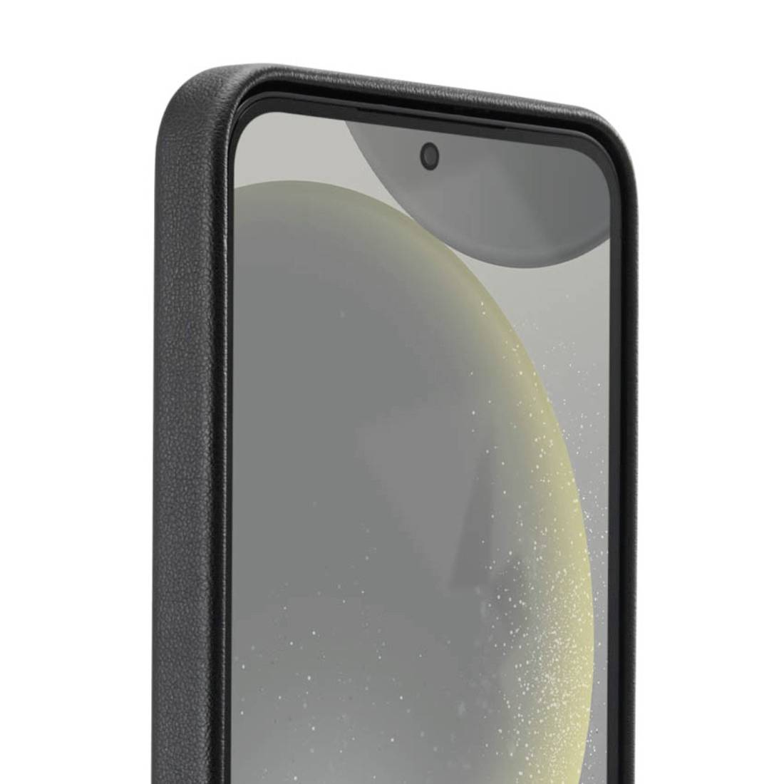 Smartfon z czarną ramką wyświetla na ekranie ochronę wyświetlacza, która przedstawia fragment planety.