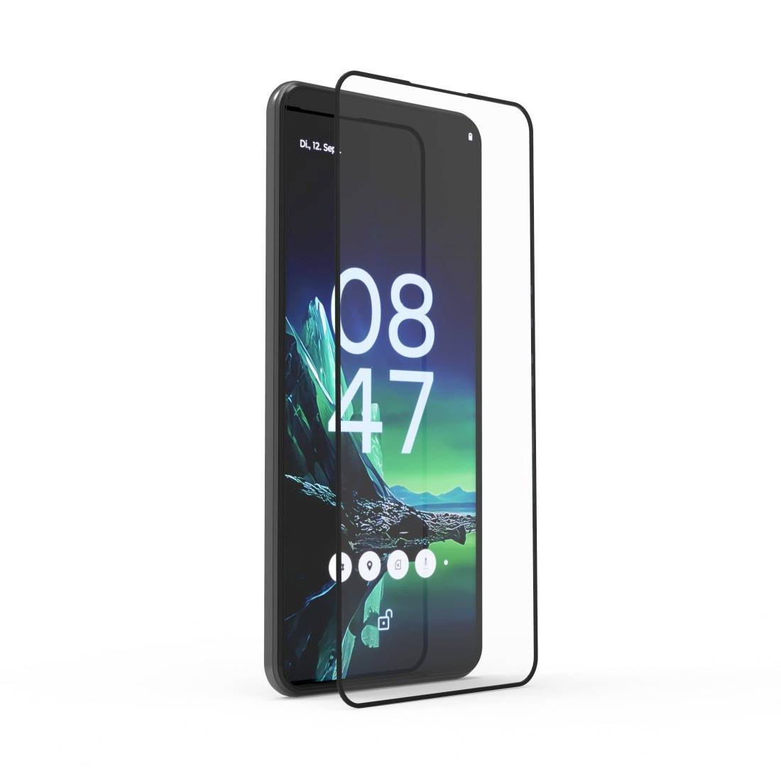 Smartfon z zaokrągloną folią ochronną, wyświetlający godzinę 08:47, zielone i czarne tło, ciemny design.