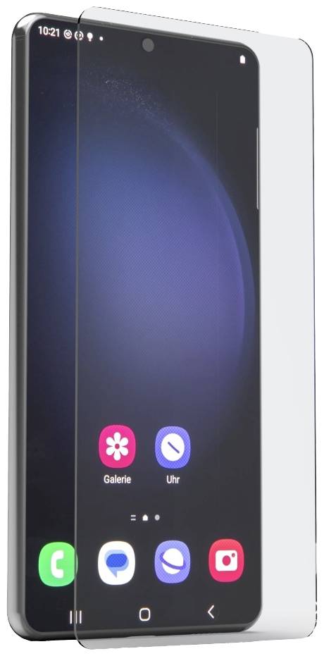 Smartfon z nałożoną folią ochronną, wyświetlający ekran startowy z ikonami aplikacji takimi jak 'Galeria' i 'Zegar' na ciemnym tle.