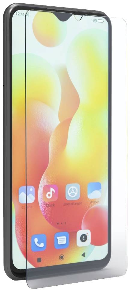 Smartfon z zaokrąglonym wyświetlaczem, jasne tło. Widoczne aplikacje takie jak 'Galeria', 'Ustawienia', 'Telefon'. Panel wygląda na ochronny.