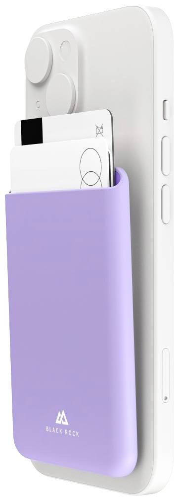 Smartfon z wysuwanym, fioletowym uchwytem na karty, który trzyma karty kredytowe. Uchwyt jest zamocowany z tyłu telefonu.