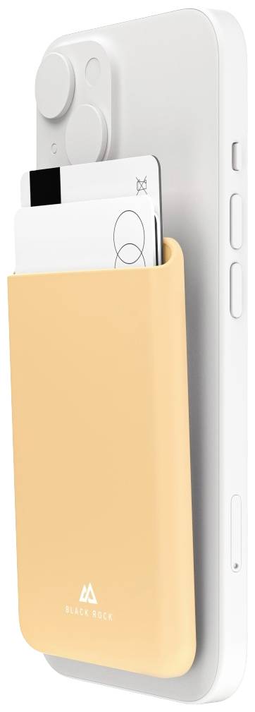 Smartfon z żółtym uchwytem na karty z tyłu, mieszczącym dwie karty.