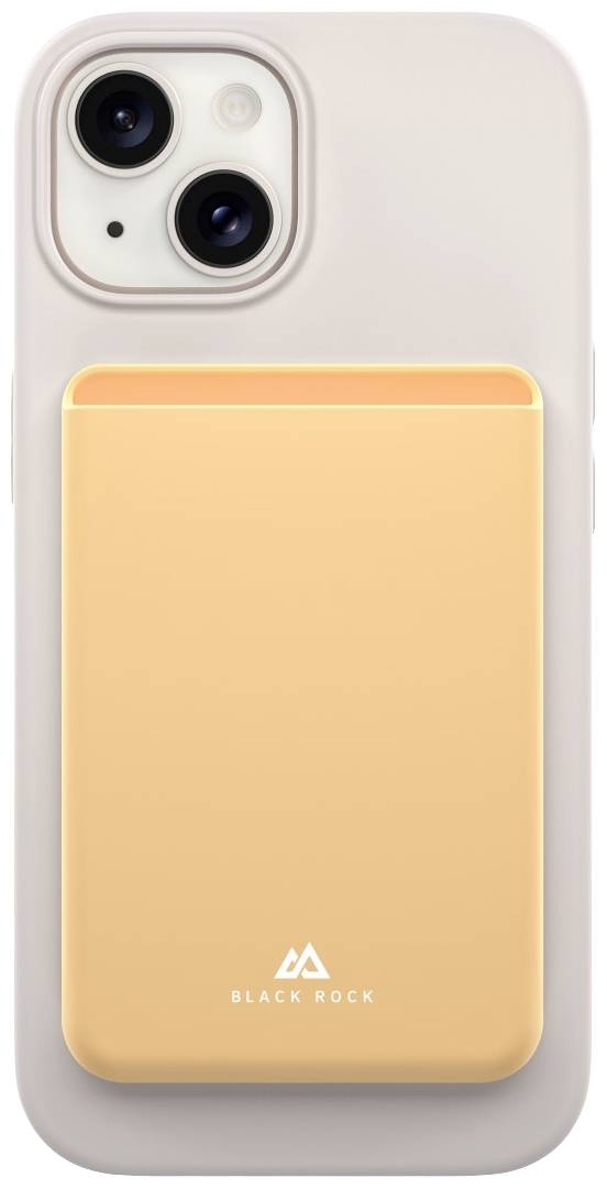 Smartfon z jasną obudową ochronną oraz prostokątnym, beżowym uchwytem na tylnej części, oznaczonym napisem 'Black Rock'.