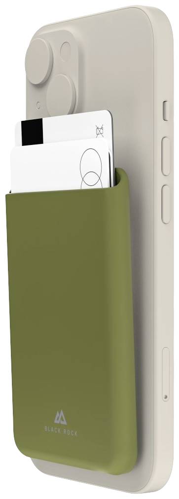 Smartfon z zieloną okładką na kartę, która trzyma dwie karty. Okładka wyświetla logo 'Black Rock' w dolnej części.