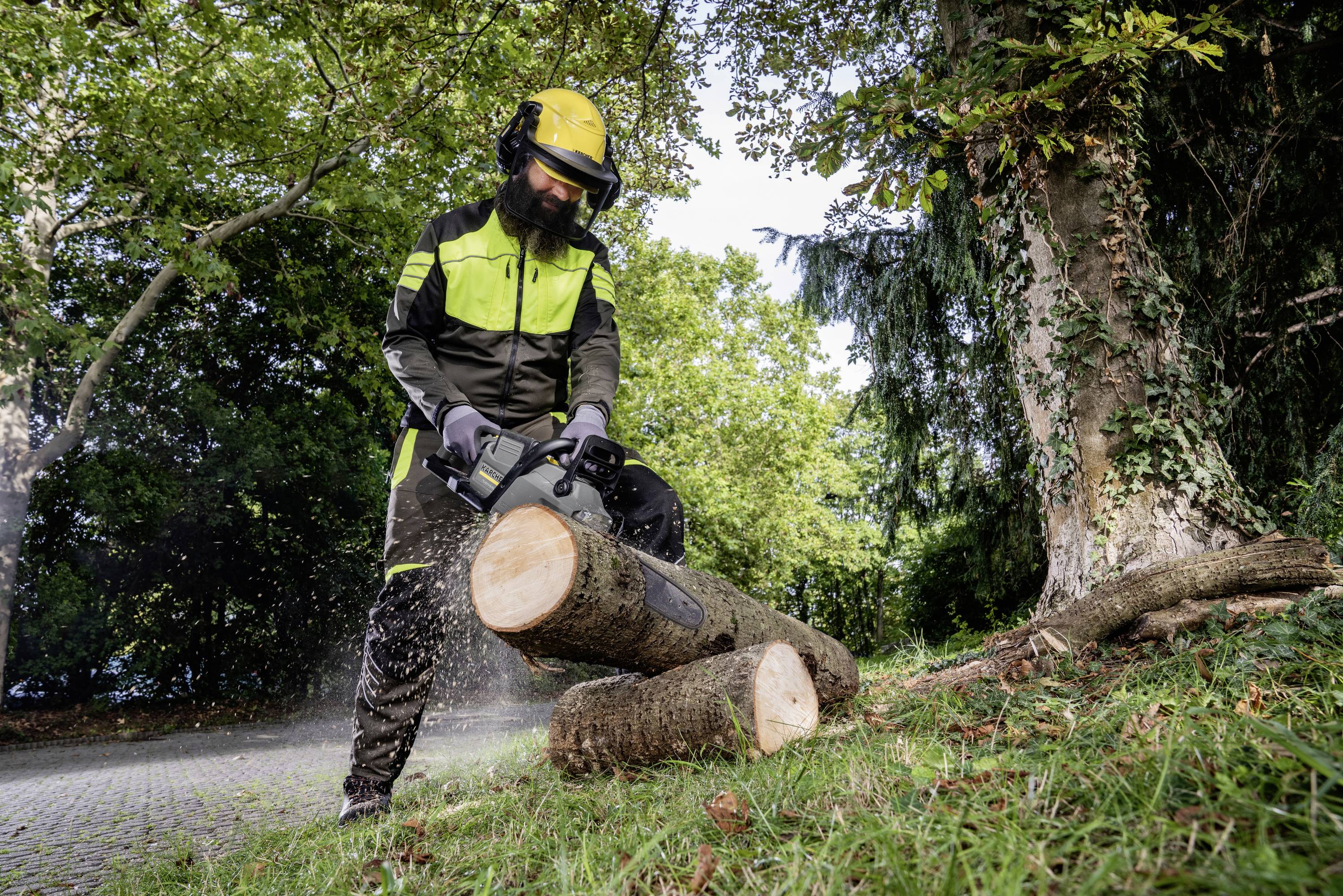Osoba w sprzęcie ochronnym przecina piłą mechaniczną pnie drzew na wolnym powietrzu. Otoczenie: trawiasta przestrzeń z drzewami.