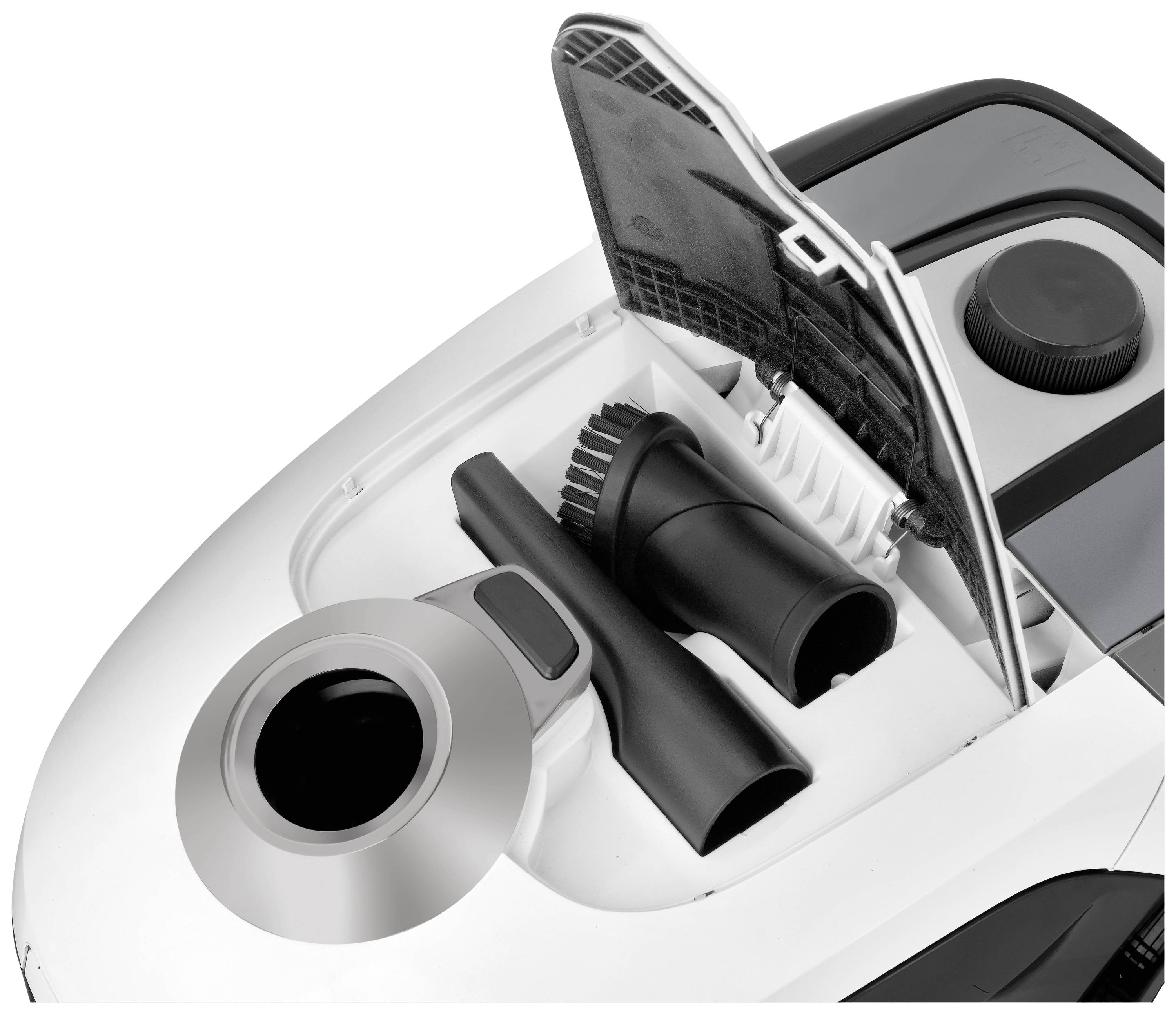 Odkurzacz z otwartą komorą, prezentujący końcówki i akcesoria wewnątrz.