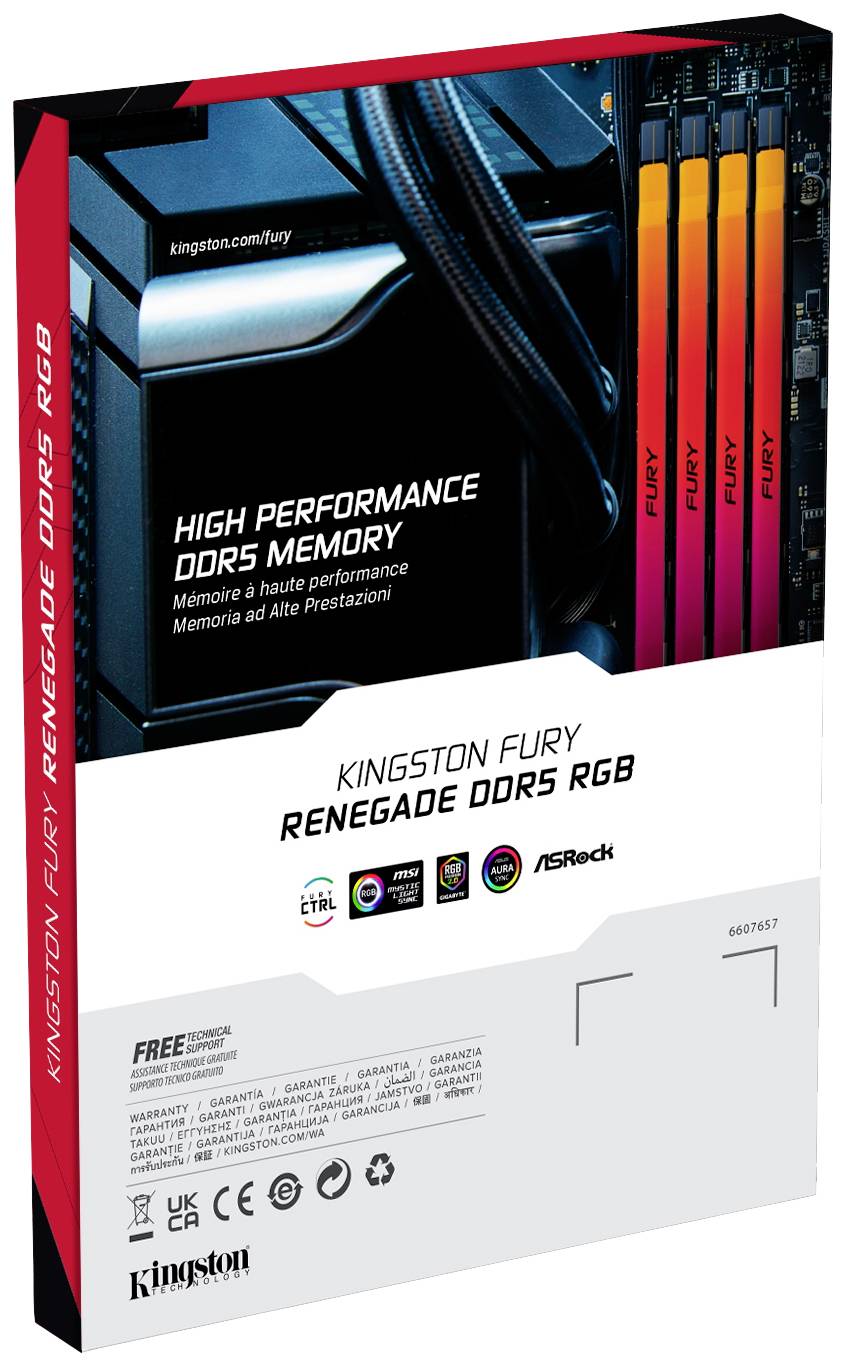 Opakowanie modułów pamięci Kingston Fury Renegade DDR5 RGB, prezentujące cztery kolorowe moduły RAM. Tekst podkreśla "Wysoce wydajną pamięć DDR5".