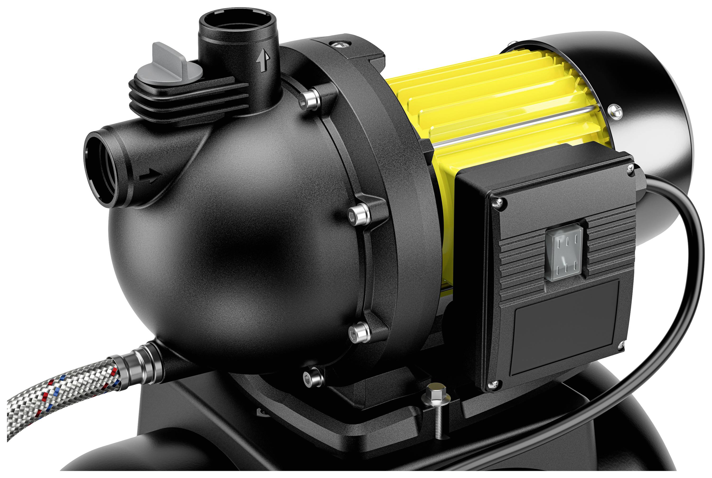 Czarna pompa wodna z żółtym silnikiem elektrycznym i widocznymi przewodami. Odpowiednia do transportu wody lub nawadniania.