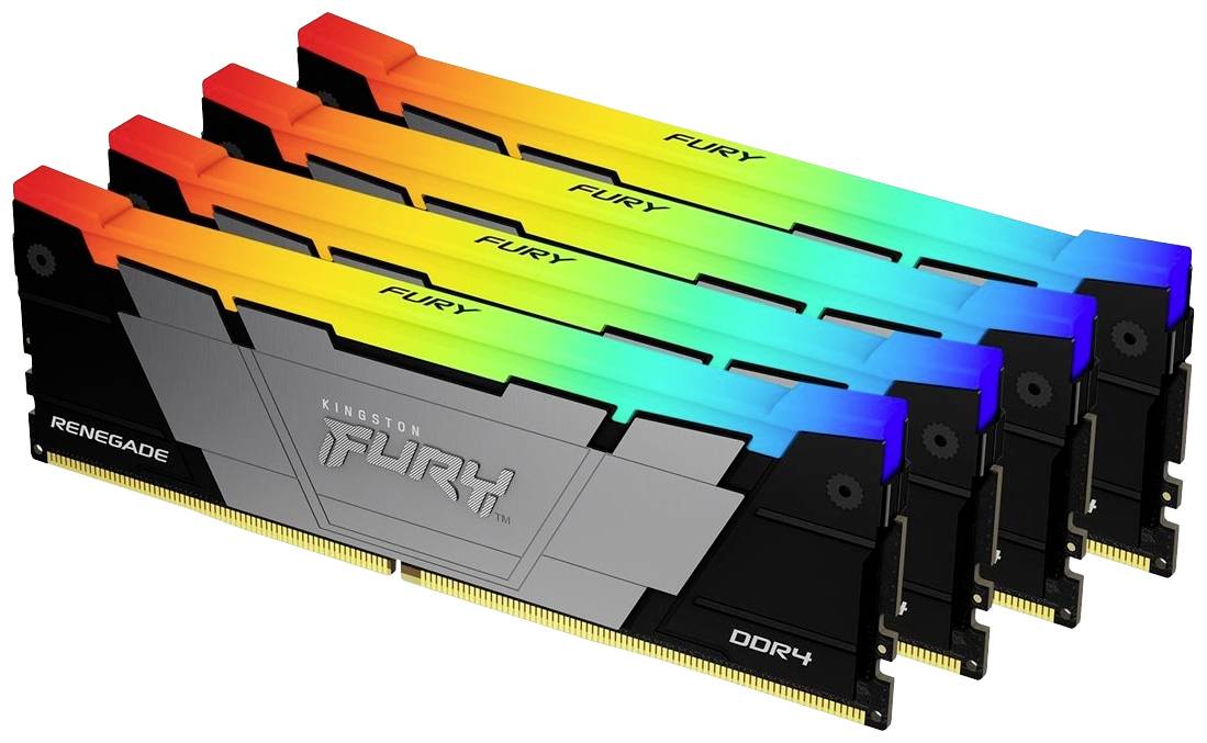Cztery moduły pamięci RAM Kingston FURY Renegade DDR4 z podświetleniem RGB w różnych kolorach.