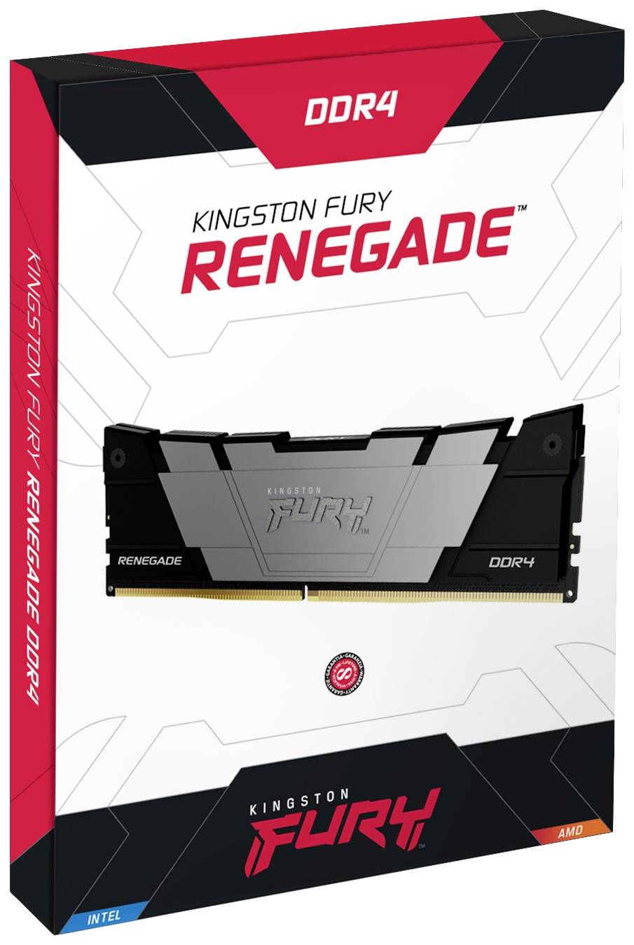 Moduł RAM DDR4 w opakowaniu Kingston Fury Renegade, kompatybilny z procesorami Intel i AMD. Opakowanie prezentuje design modułu.