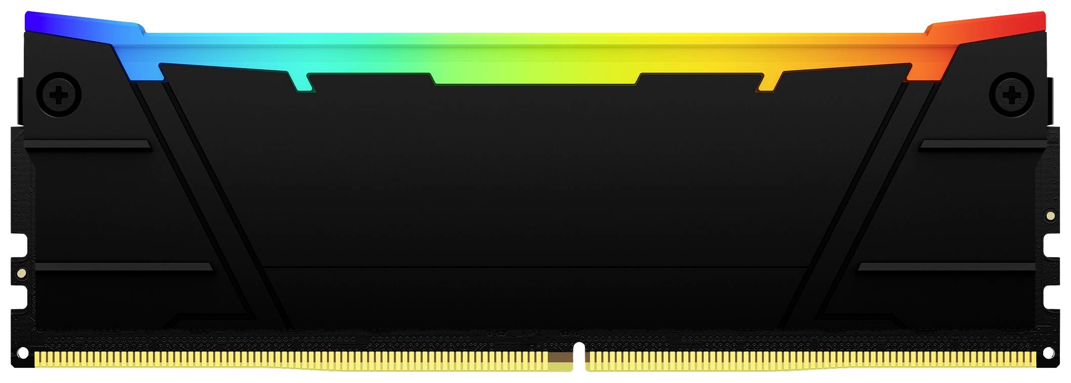Moduł pamięci RAM z czarną obudową i podświetleniem RGB na górnej krawędzi, odpowiedni do modernizacji komputera.