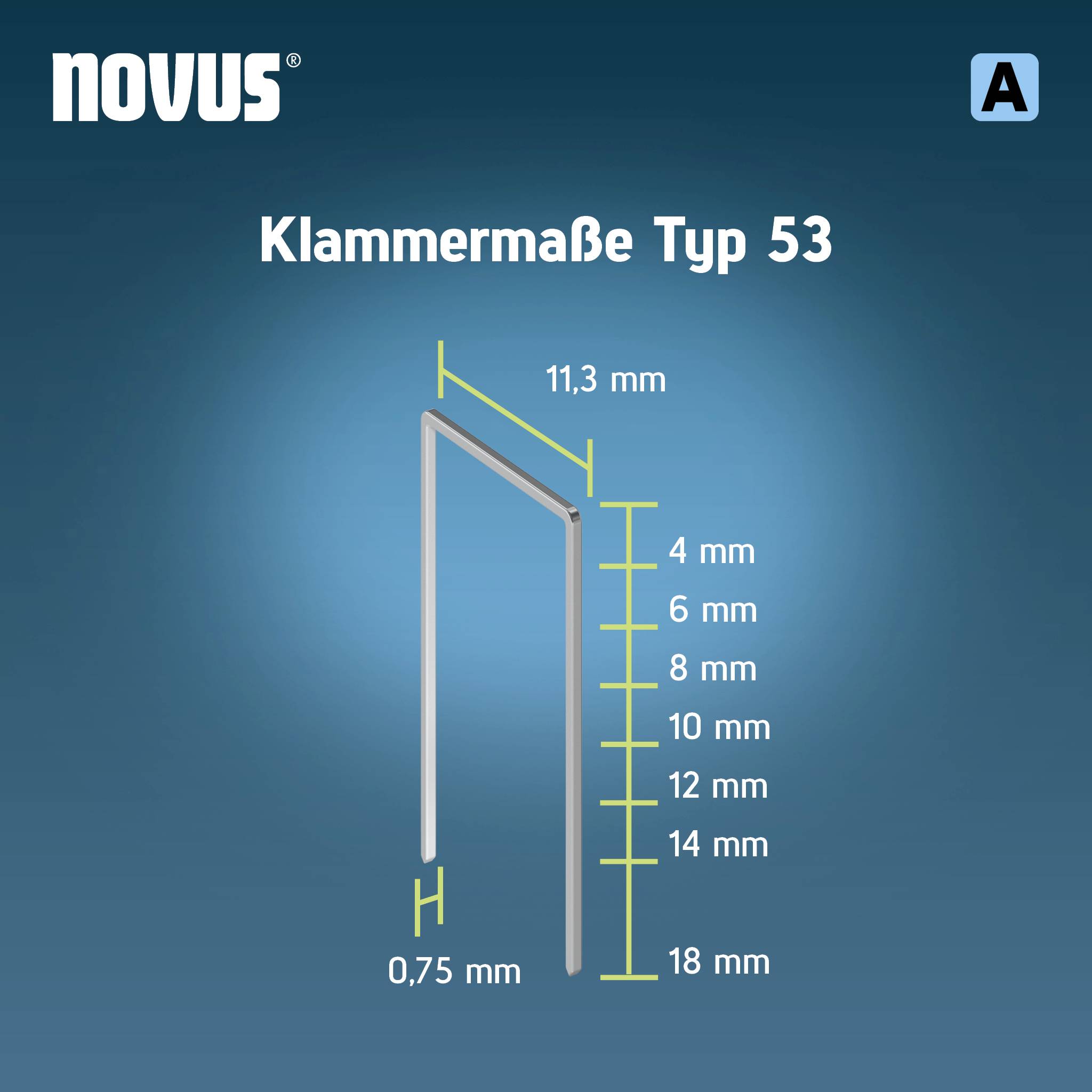 'Novus Klammermaße Typ 53' pokazuje zacisk o szerokości 11,3 mm. Warianty długości: 4 mm, 6 mm, 8 mm, 10 mm, 12 mm, 14 mm, 18 mm.