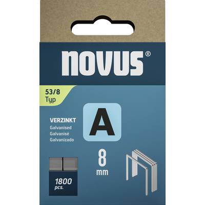 Opakowanie Novus 53/8 zszywek, ocynkowanych, typ A, 8 mm, 1800 sztuk. Zszywki przedstawione na opakowaniu z ilustracją.