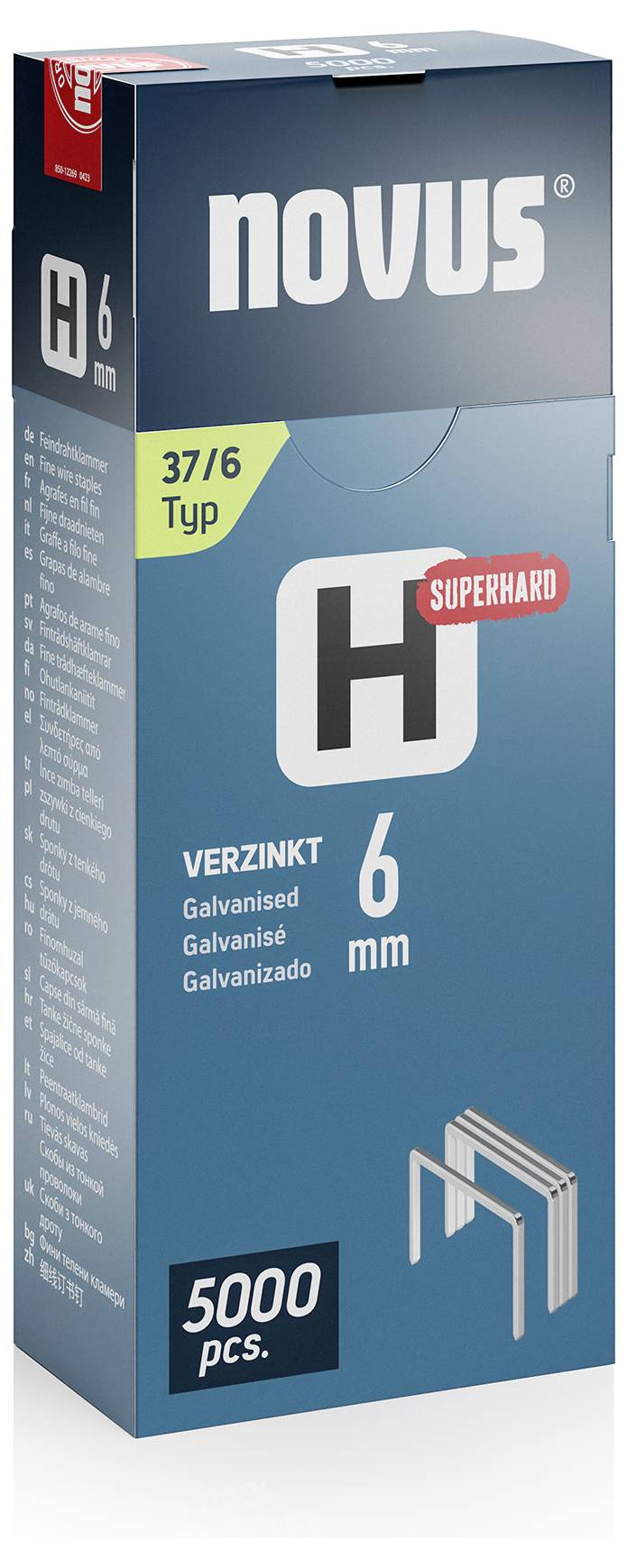 Opakowanie 5000 zszywek Novus typ 37/6, ocynkowanych, odpowiednich do zszywaczy. Główny kolor opakowania to niebieski.