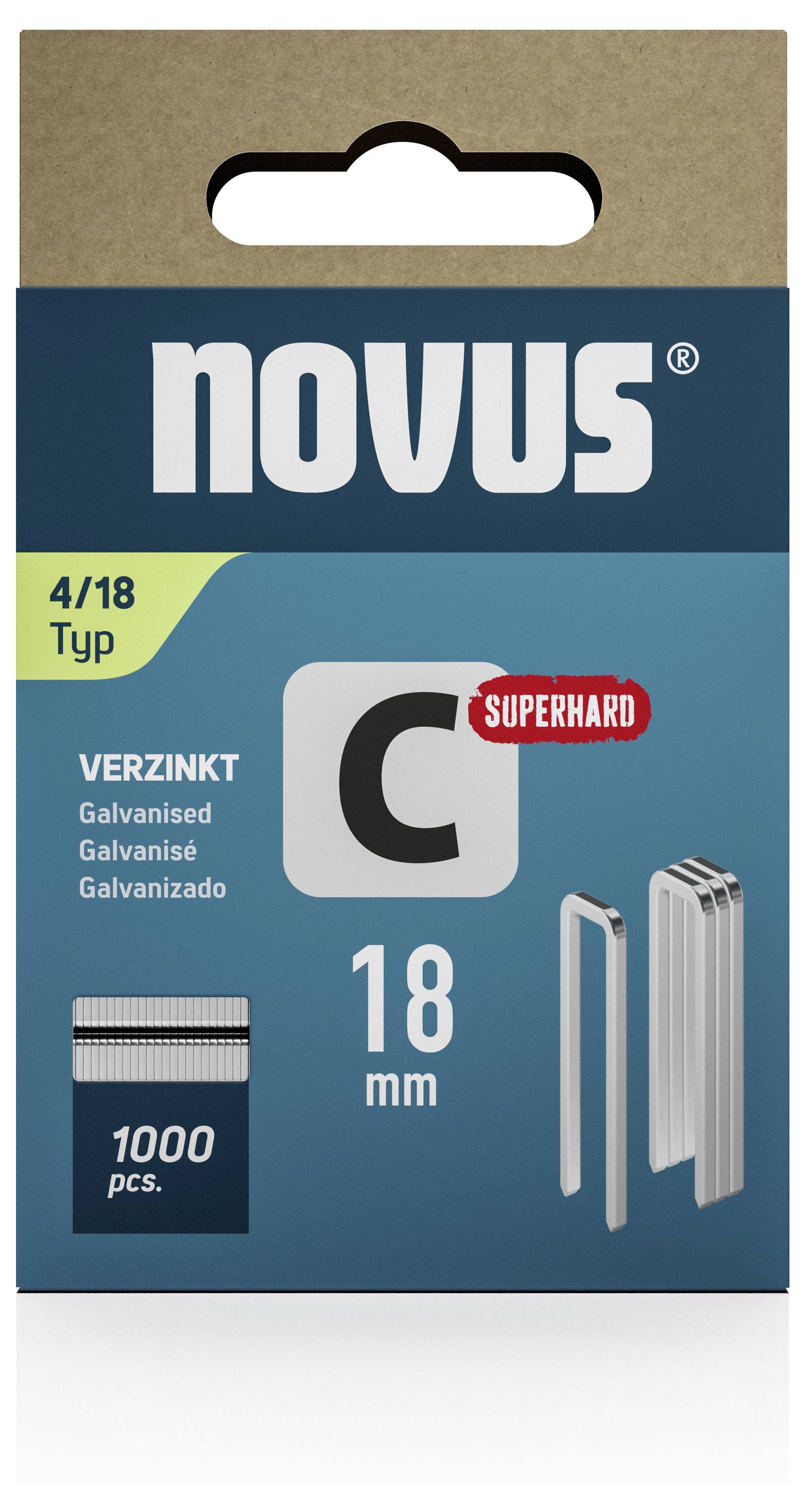 Opakowanie zszywek Novus, typ C, 18 mm, ocynkowane, extra twarde, 1000 sztuk.