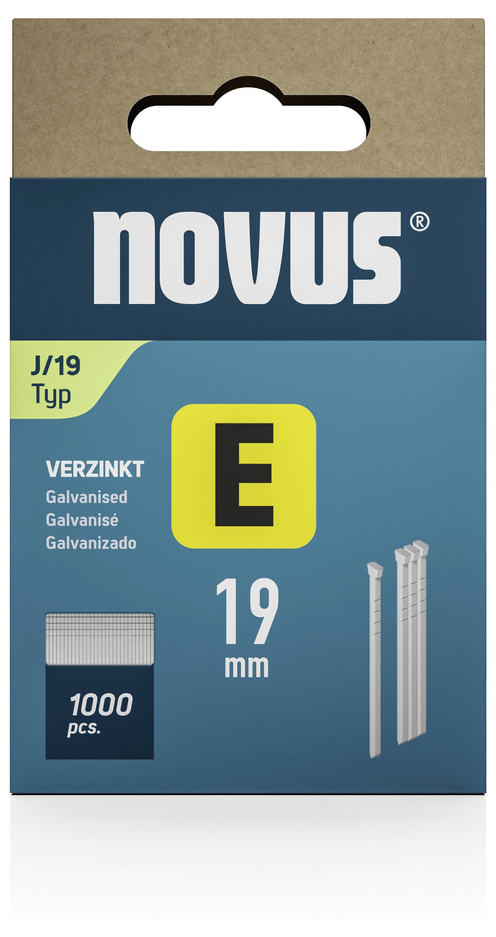 Novus J/19 typ, ocynkowany, 1000 sztuk, 19 mm. Opakowanie przedstawia zdjęcie zszywek.