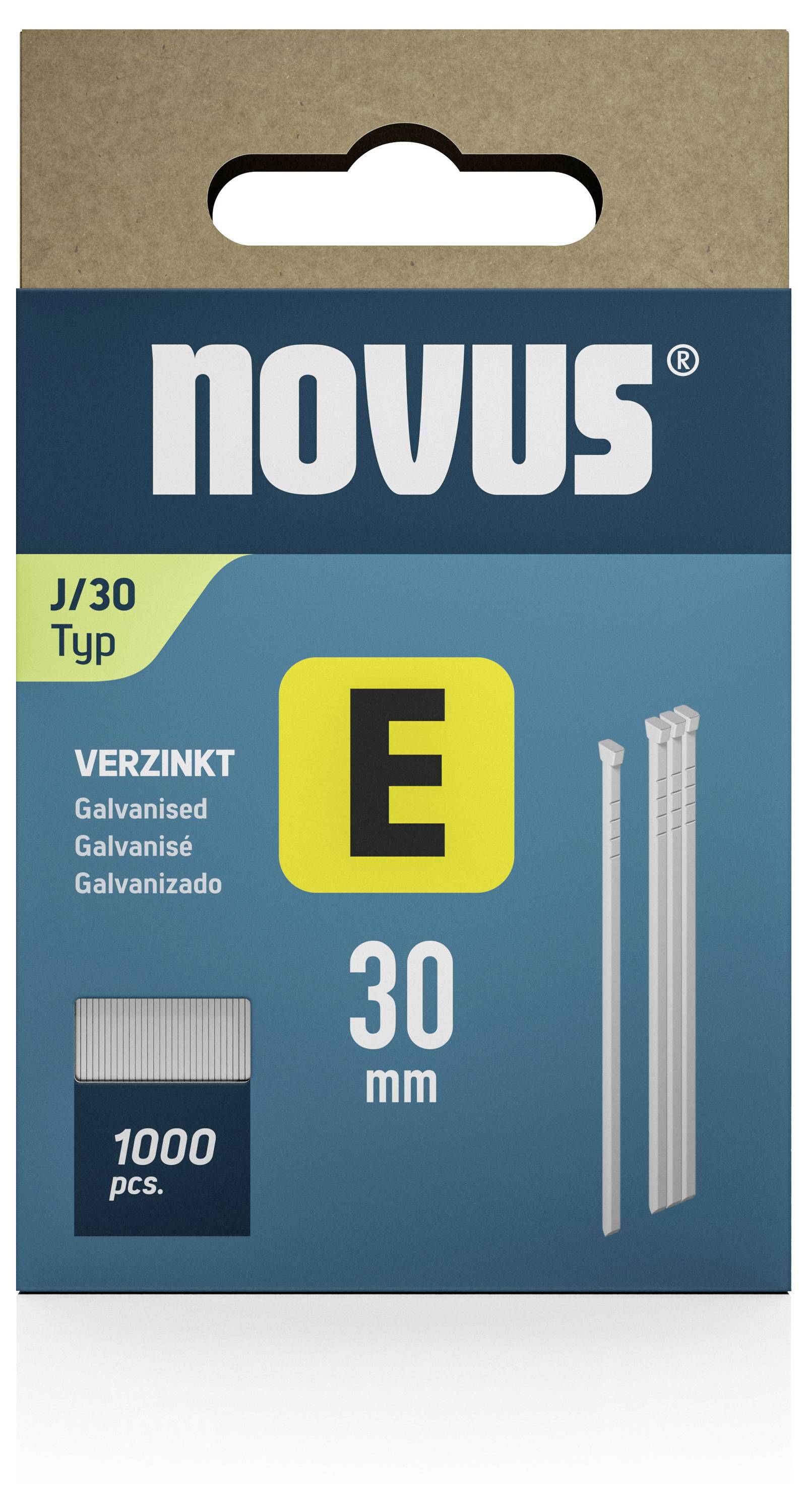 Opakowanie klamerek Novus Typ J/30. Zawiera 1000 ocynkowanych klamerek o długości 30 mm. Tekst: 'Ocynkowane, 1000 szt.'.